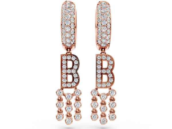 Rose gold Round Diamond Initial B Huggie Hoop Earrings