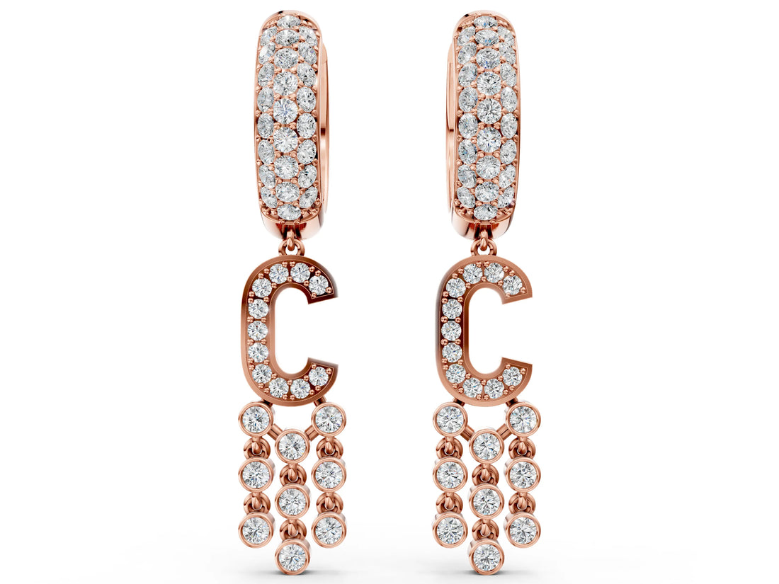 Rose gold Round Diamond Initial C Huggie Hoop Earrings
