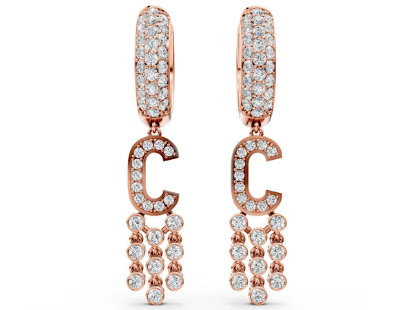 Rose gold Round Diamond Initial C Huggie Hoop Earrings