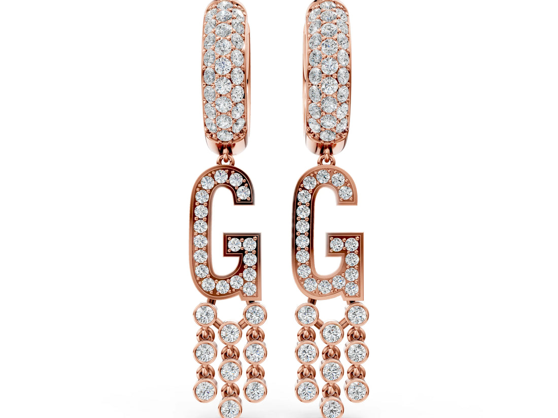 Rose gold Round Diamond Initial G Huggie Hoop Earrings_4