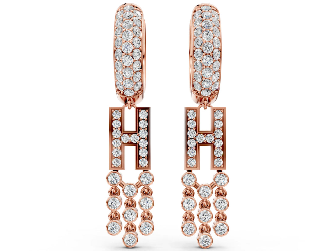 Rose gold Round Diamond Initial H Huggie Hoop Earrings