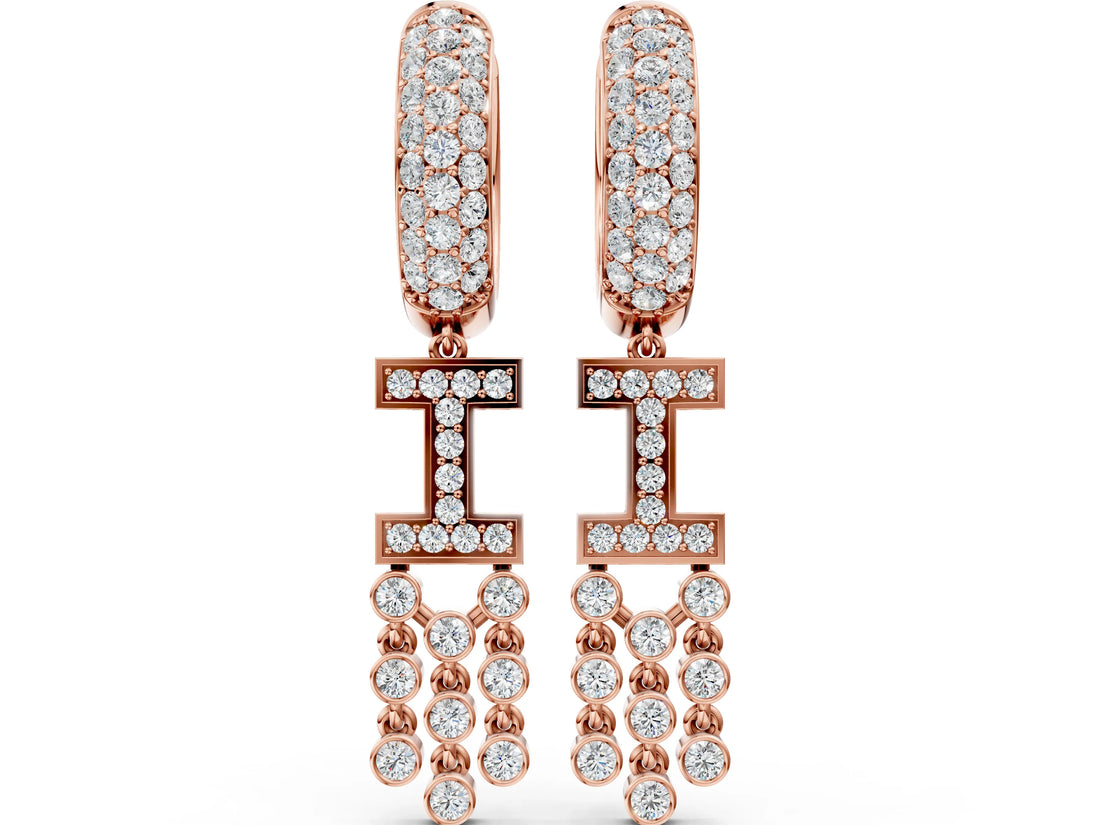 Rose gold Round Diamond Initial I Huggie Hoop Earrings