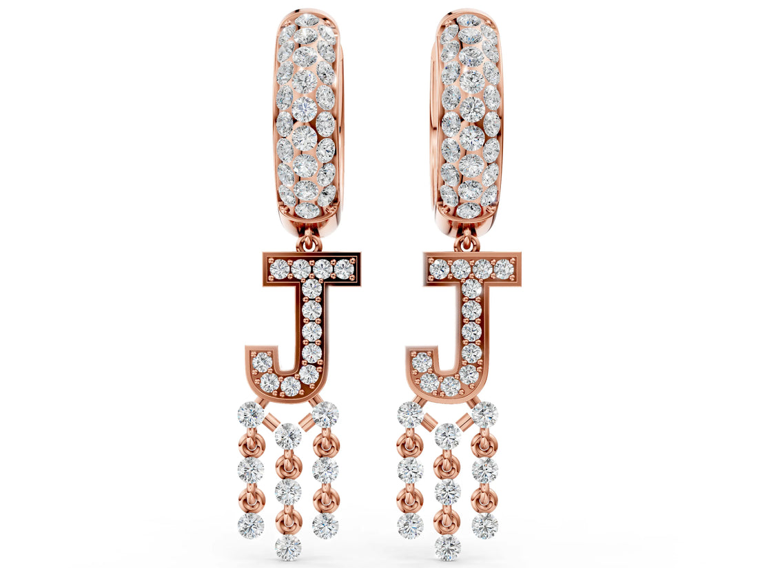 Rose gold Round Diamond Initial J Huggie Hoop Earrings