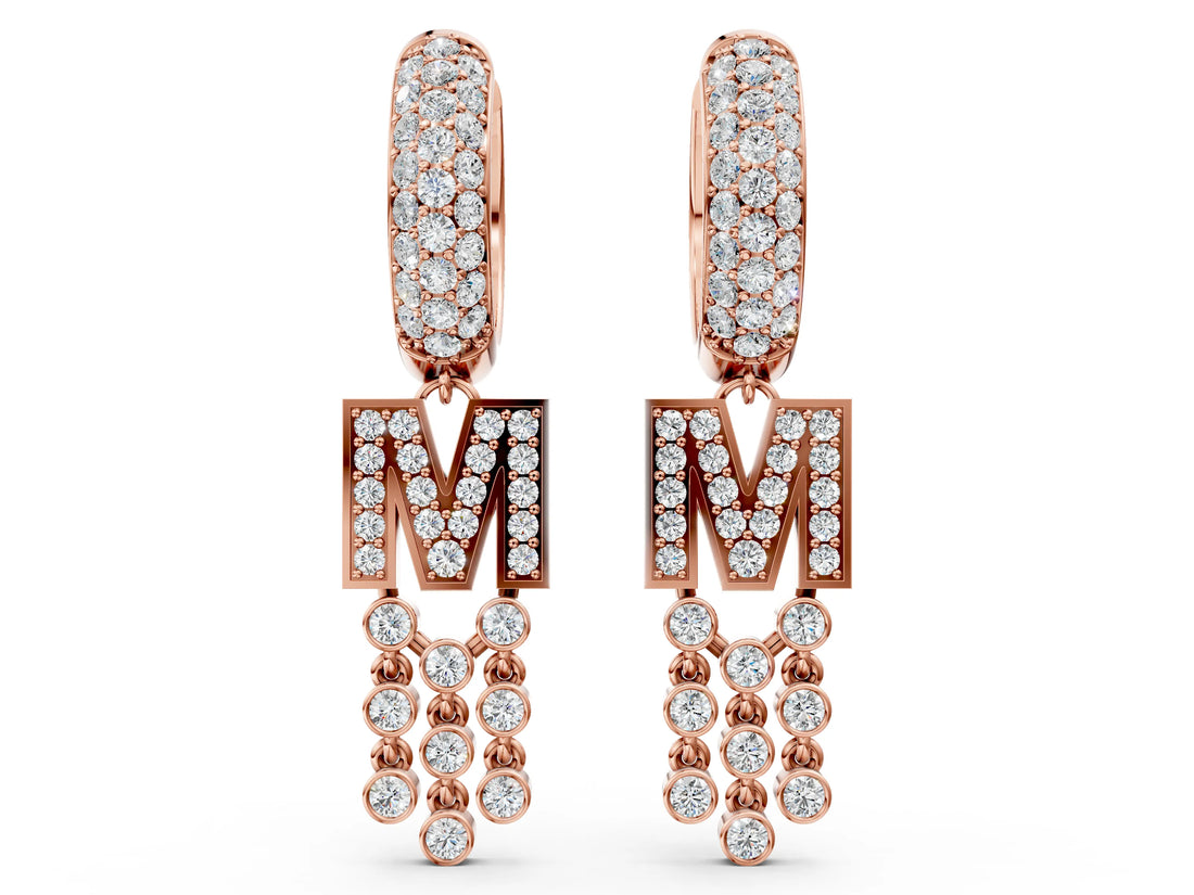 Rose gold Round Diamond Initial M Huggie Hoop Earrings