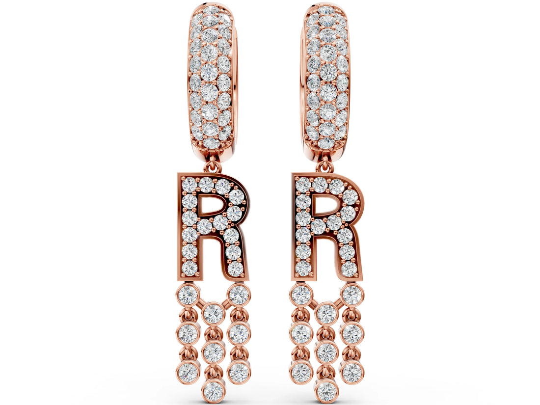 Rose gold Round Diamond Initial R Huggie Hoop Earrings