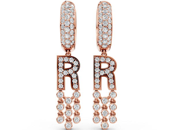 Rose gold Round Diamond Initial R Huggie Hoop Earrings