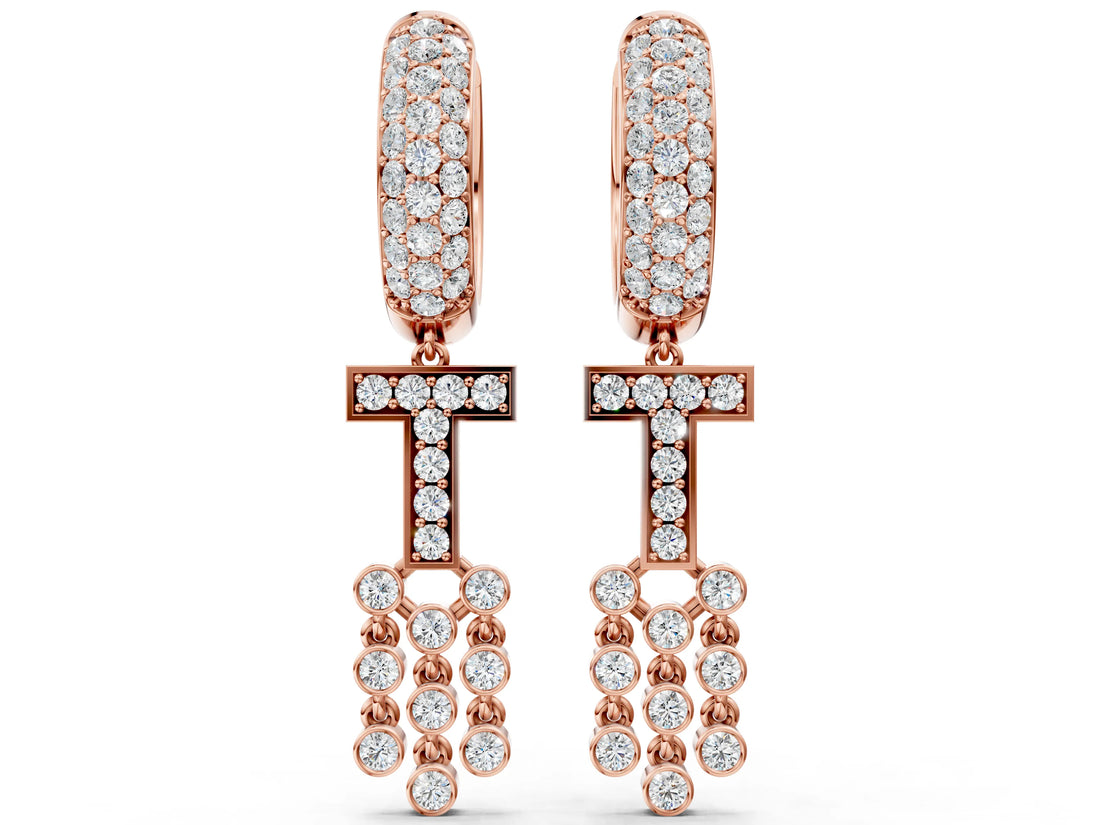 Rose gold Round Diamond Initial T Huggie Hoop Earrings_4