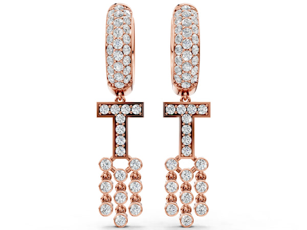Rose gold Round Diamond Initial T Huggie Hoop Earrings