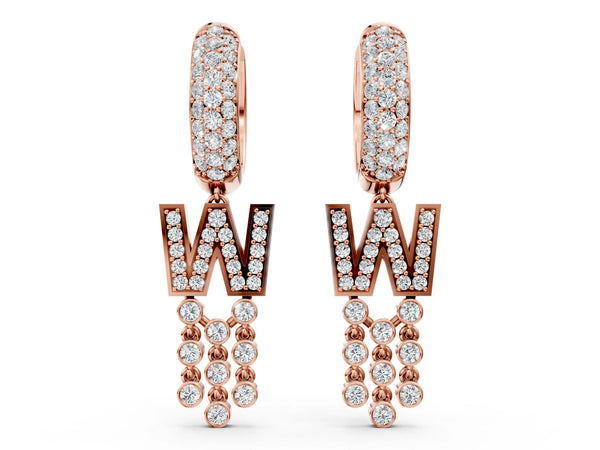 Rose gold Round Diamond Initial W Huggie Hoop Earrings