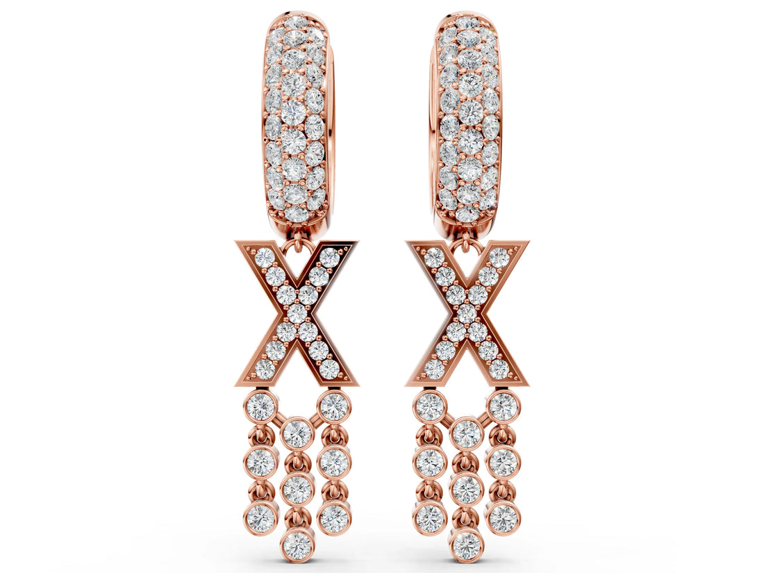 Rose gold Round Diamond Initial X Huggie Hoop Earrings