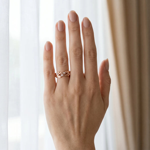 Rose gold Round Diamond Leaf Eternity Band with Bezel Setting