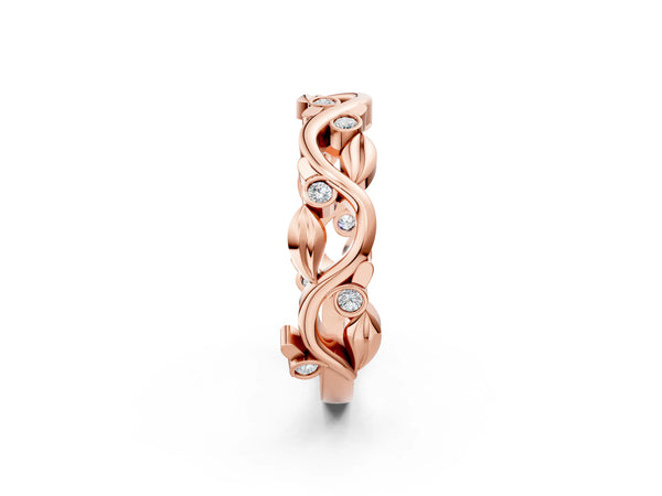 Rose gold Round Diamond Leaf Eternity Band with Bezel Setting