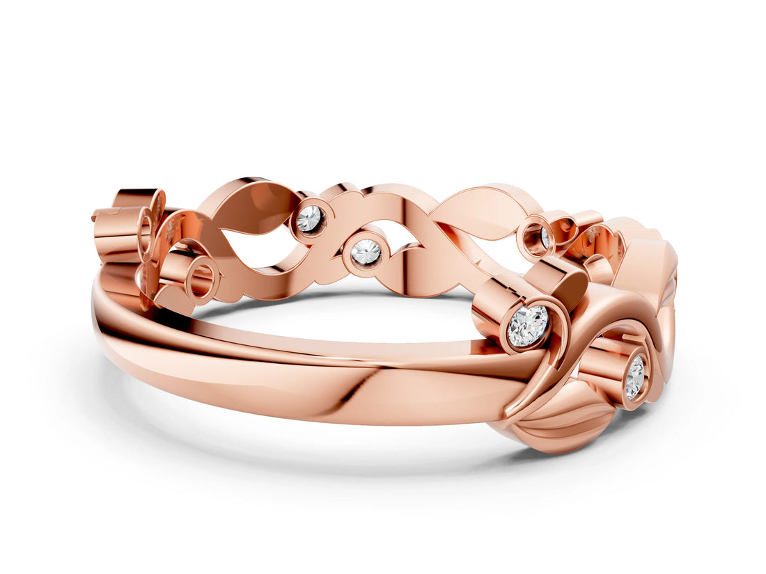 Rose gold Round Diamond Leaf Eternity Band with Bezel Setting_44