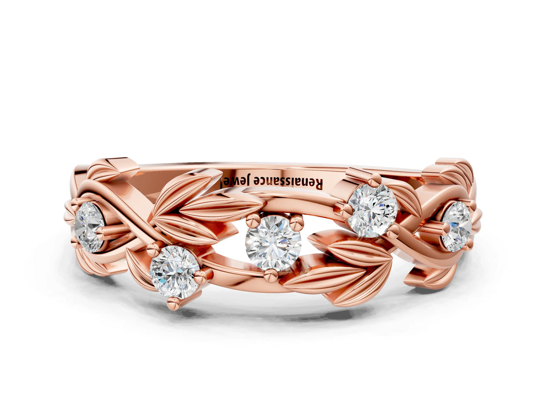 Rose gold Round Diamond Leaf Motif Band with Prong Setting_4
