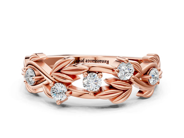 Rose gold Round Diamond Leaf Motif Band with Prong Setting