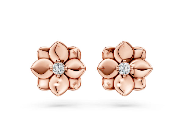 Rose gold Round Diamond Magnolia Floral Stud Earrings