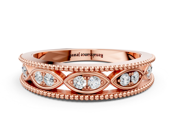 Rose gold Round Diamond Marquise Milgrain Two-Tone Prong Set Band
