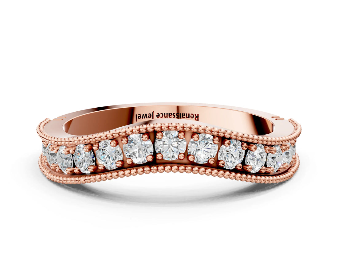 Rose gold Round Diamond Milgrain Contour Wedding Band with Pavé Setting_4