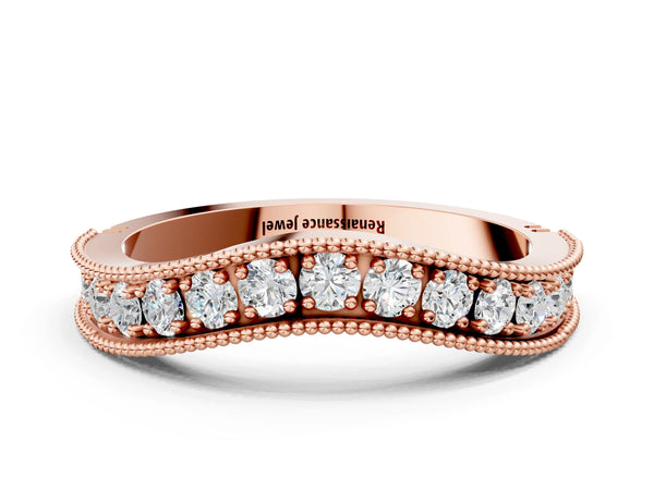 Rose gold Round Diamond Milgrain Contour Wedding Band with Pavé Setting