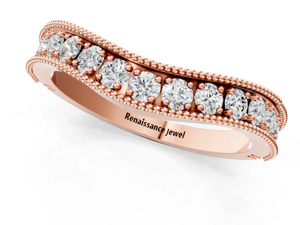 Rose gold Round Diamond Milgrain Contour Wedding Band with Pavé Setting