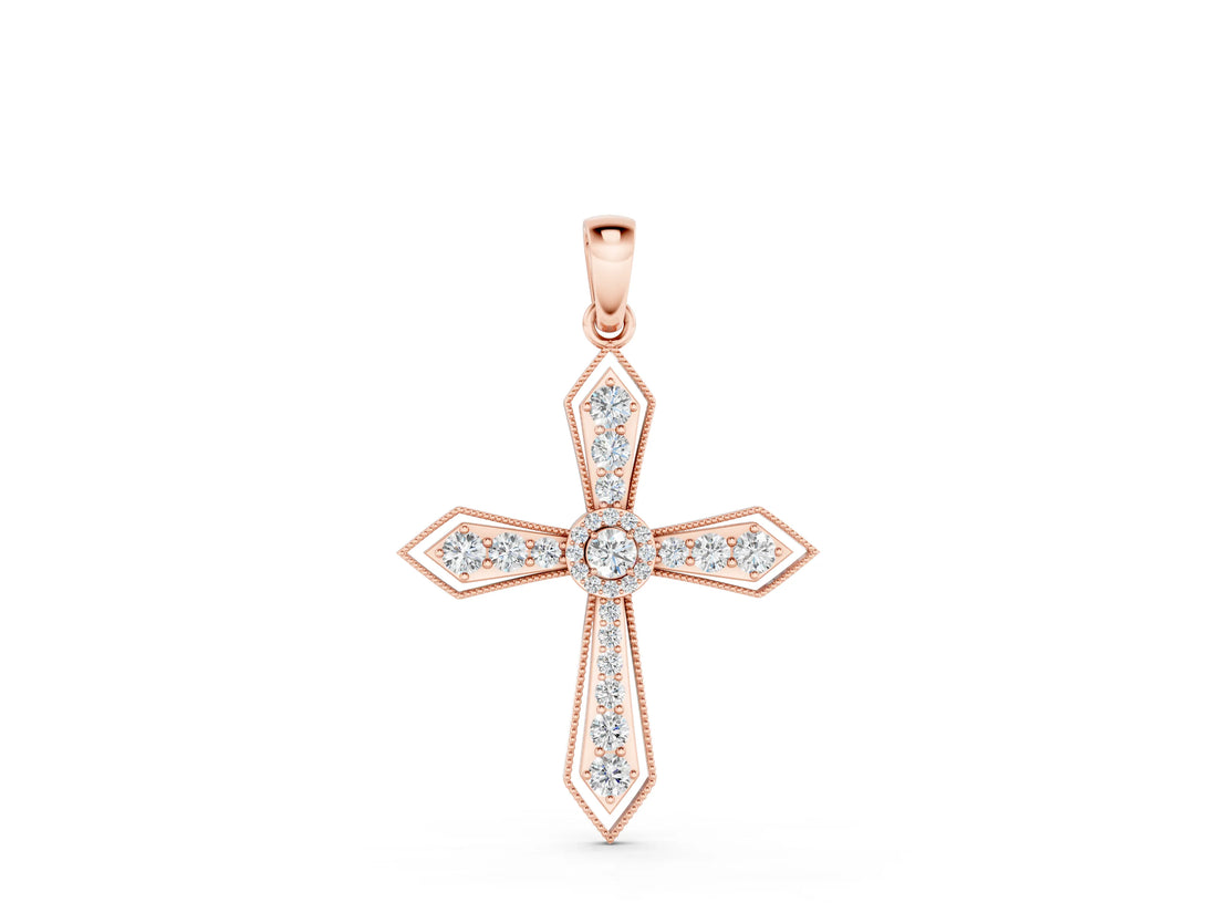 Rose gold Round Diamond Milgrain Cross Pendant with Bezel Setting_34