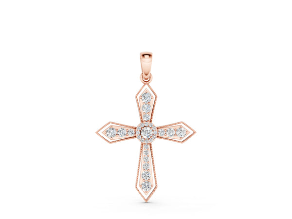 Rose gold Round Diamond Milgrain Cross Pendant with Bezel Setting