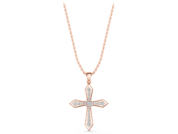Rose gold Round Diamond Milgrain Cross Pendant with Bezel Setting