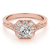 Rose gold Round Diamond Milgrain Halo Engagement Ring with Chevron Band and Prong Setting 1