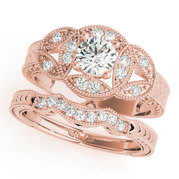 Rose gold Round Diamond Milgrain Marquise Filigree Engagement Ring with Prong Setting