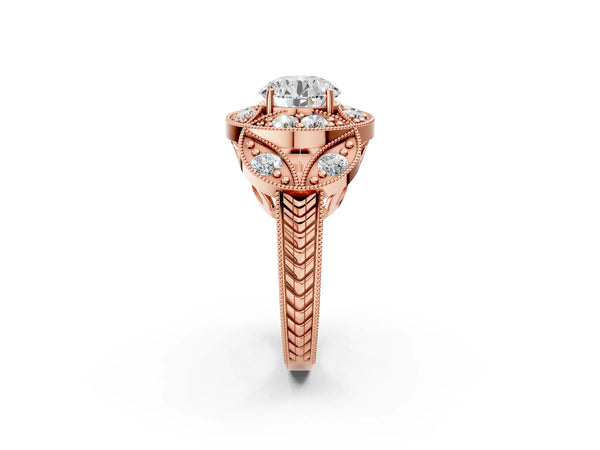 Rose Gold Round Vintage Halo Engagement Ring Setting with Milgrain Leaf Panels and Carved Band