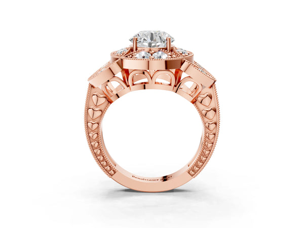 Rose Gold Round Vintage Halo Engagement Ring Setting with Milgrain Leaf Panels and Carved Band