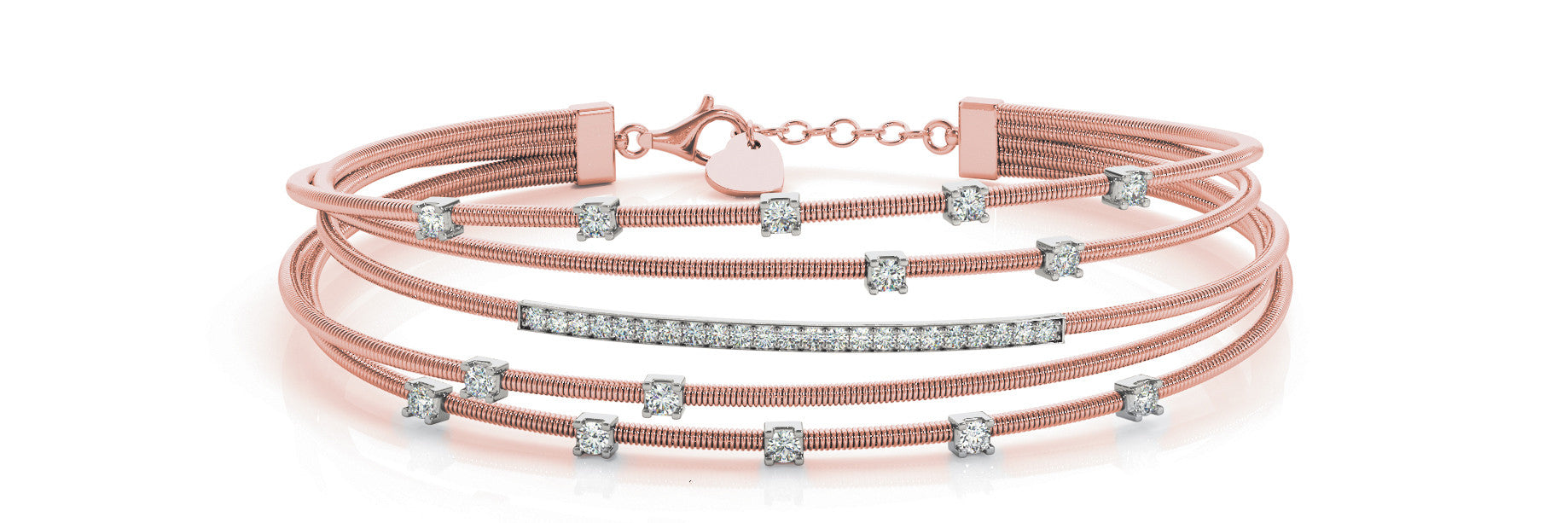 Rose gold Round Diamond Multi-Strand Coil Bracelet with Bar and Prong Setting