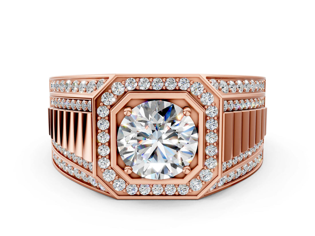 Rose gold Round Diamond Octagonal Halo Mens Ring with Pavé Accents