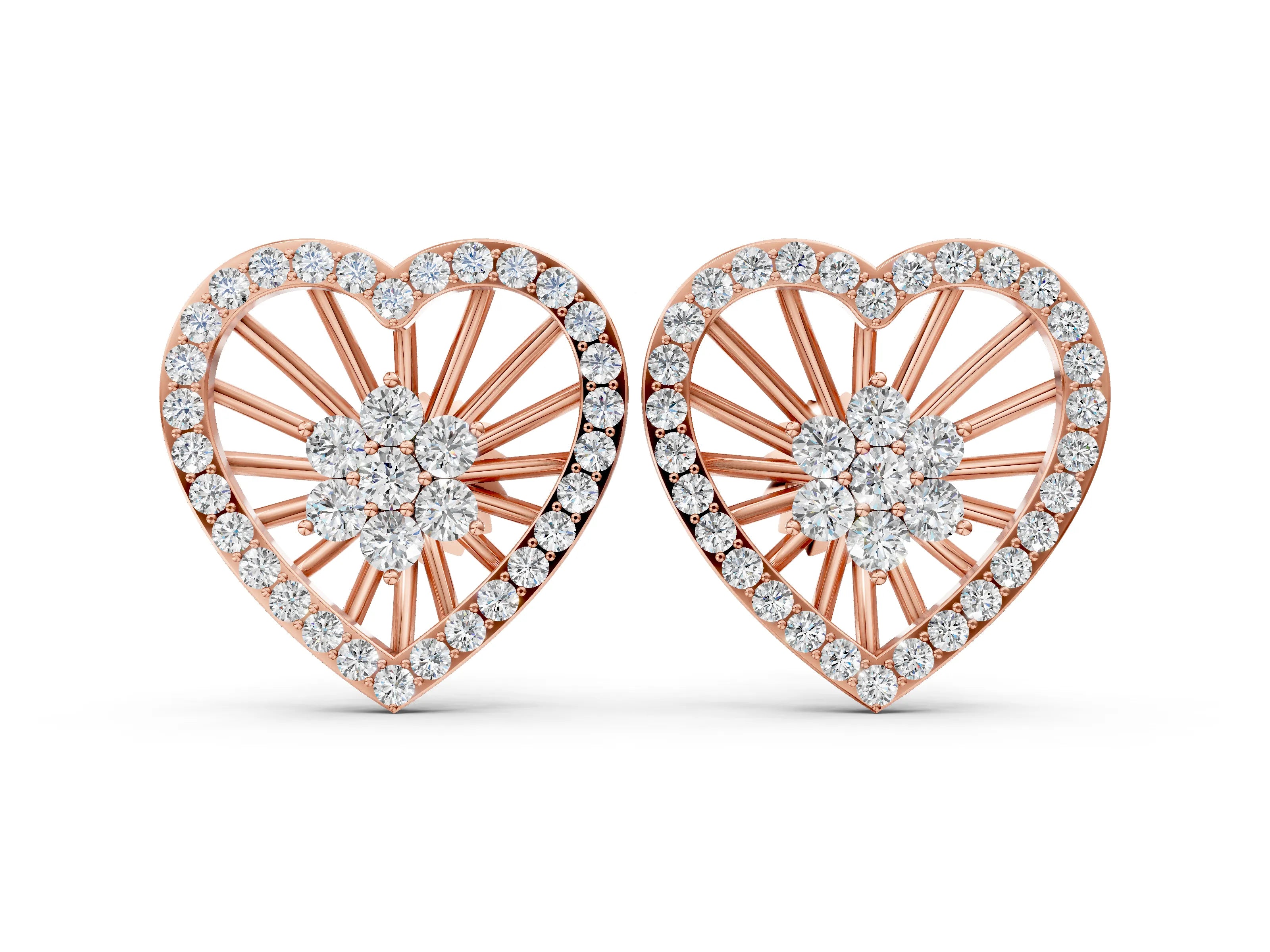 Rose gold Round Diamond Open Heart Cluster Stud Earrings
