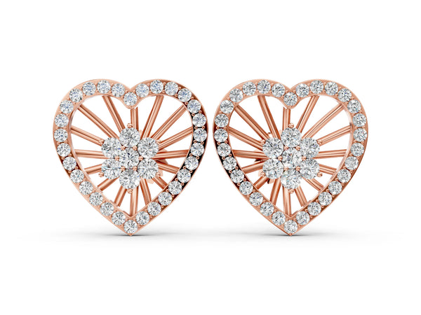 Rose gold Round Diamond Open Heart Cluster Stud Earrings