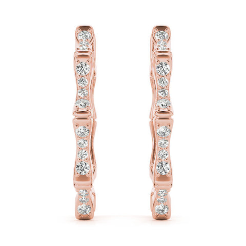 Rose gold Round Diamond Pavé Bamboo Hoop Earrings with Four-Prong Setting 1