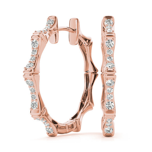 Rose gold Round Diamond Pavé Bamboo Hoop Earrings with Four-Prong Setting