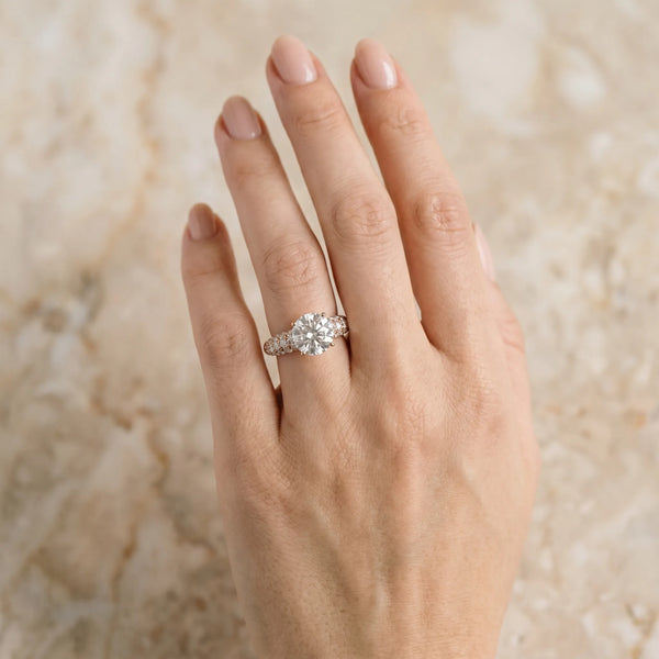 Rose gold Round Diamond Pavé Band Solitaire Ring with Four-Prong Setting