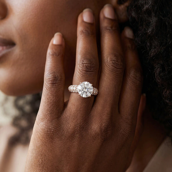 Rose gold Round Diamond Pavé Band Solitaire Ring with Four-Prong Setting