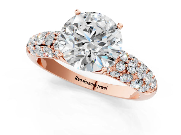 Rose gold Round Diamond Pavé Band Solitaire Ring with Four-Prong Setting