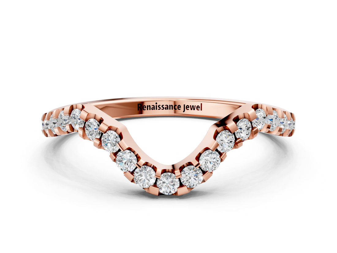 Rose gold Round Diamond Pavé Chevron Wedding Band with Prong Setting_4