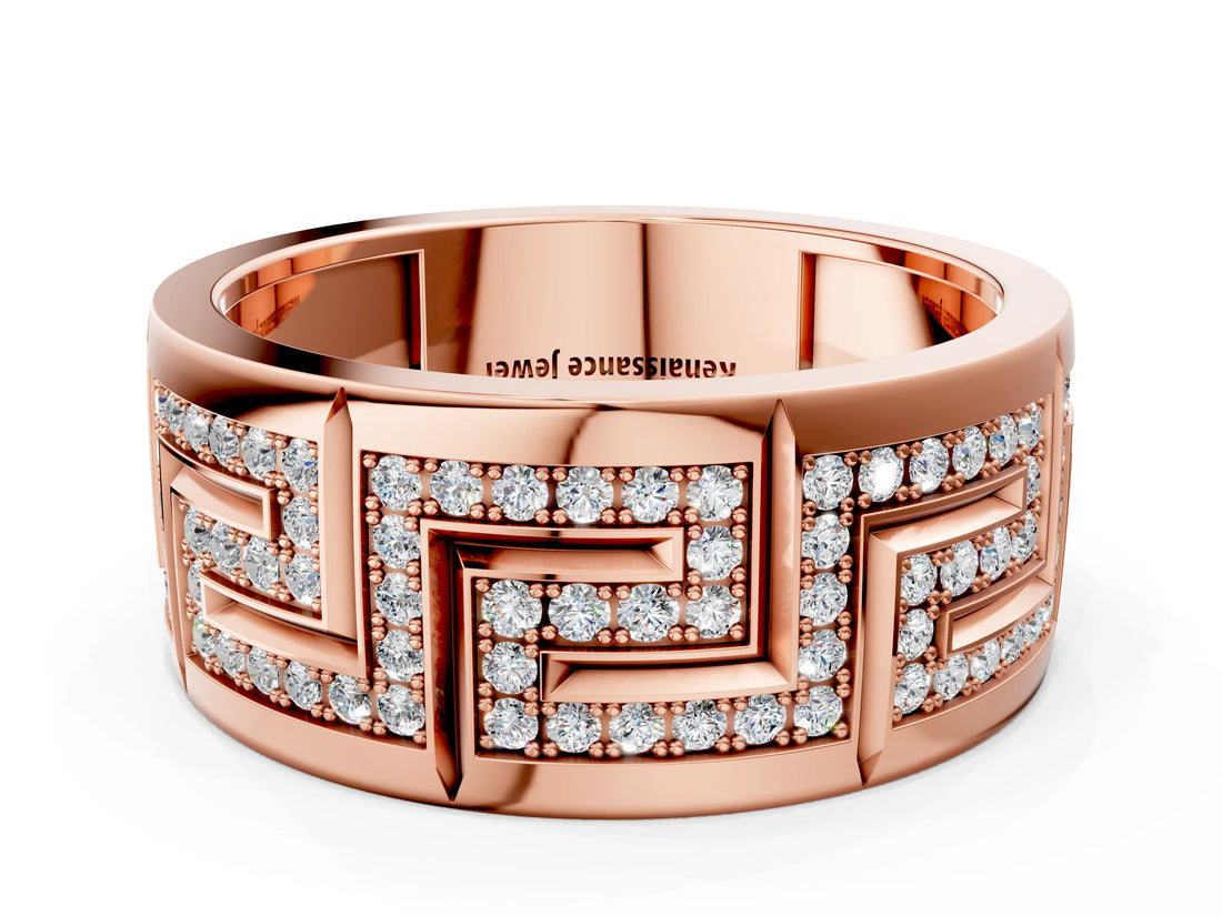 Rose gold Round Diamond Pavé Greek Key Mens Band_12