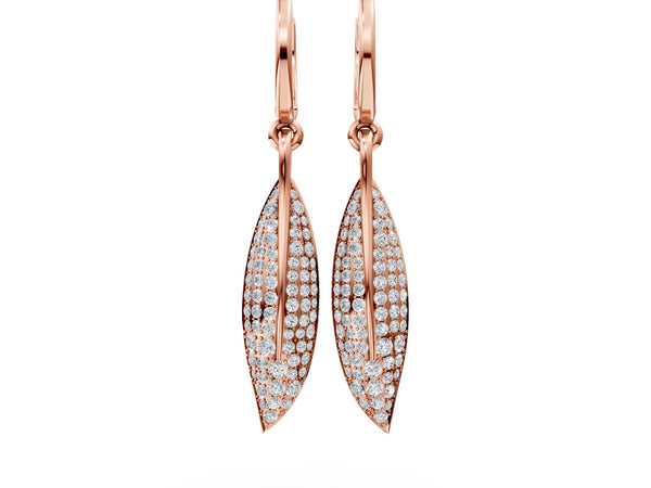 Rose gold Round Diamond Pavé Leaf Huggie Drop Earrings