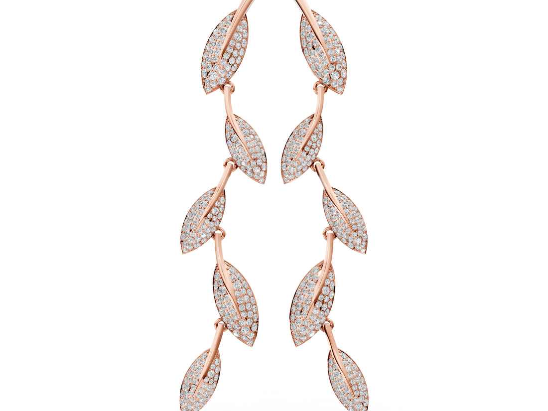 Rose gold Round Diamond Pavé Olive Branch Drop Earrings