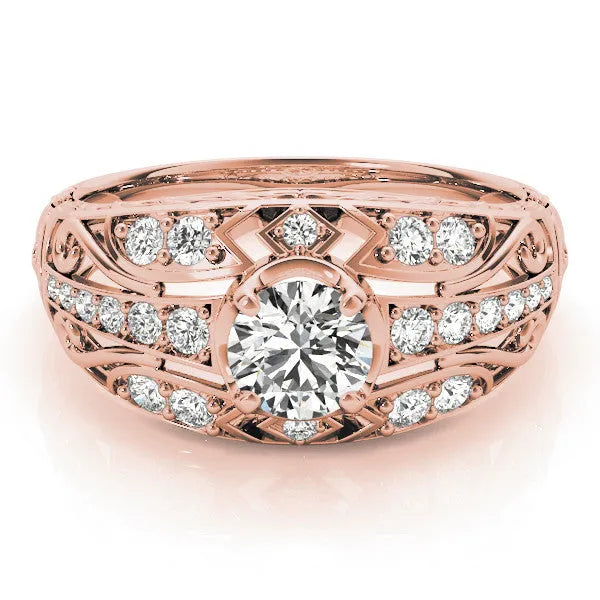 Rose gold Round Diamond Pave Art Deco Split Shank Ring with Four-Prong Setting