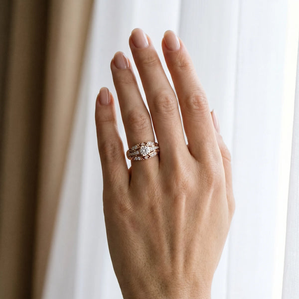 Rose gold Round Diamond Pave Art Deco Split Shank Ring with Four-Prong Setting