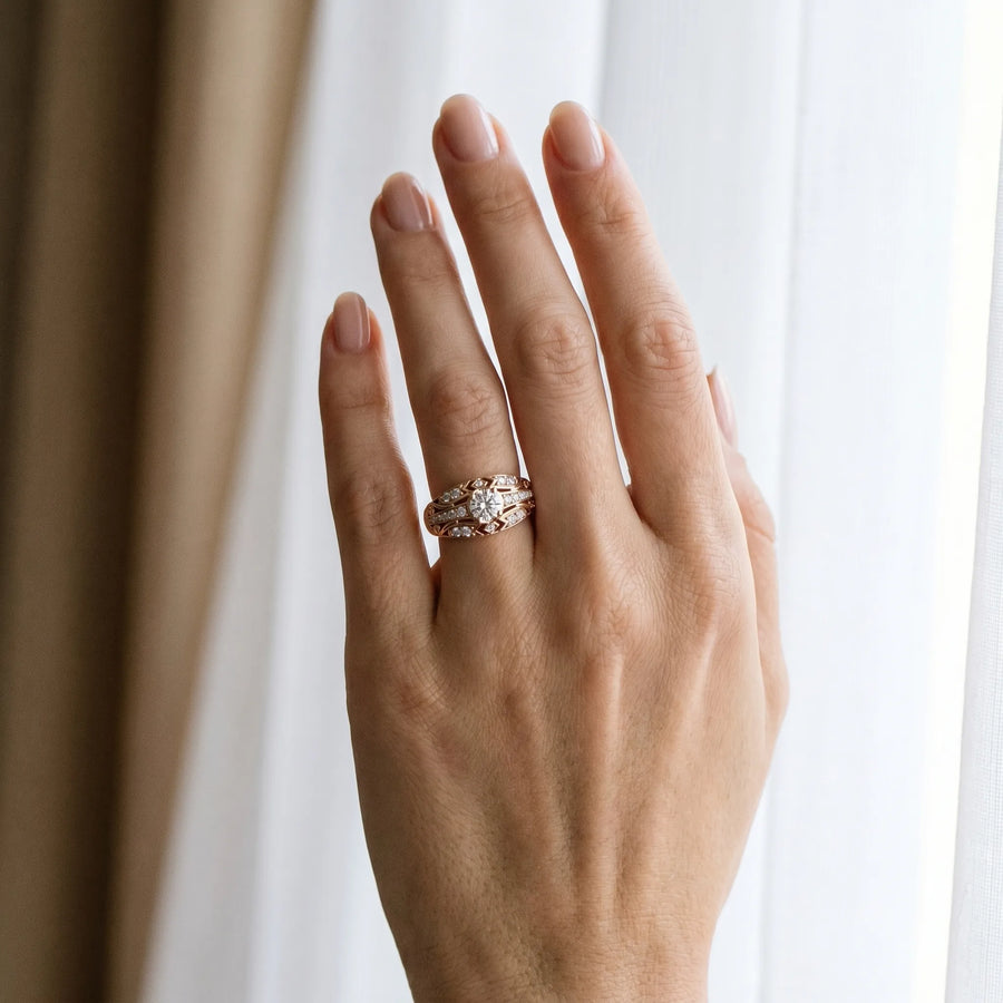 Rose gold Round Diamond Pave Art Deco Split Shank Ring with Four-Prong Setting