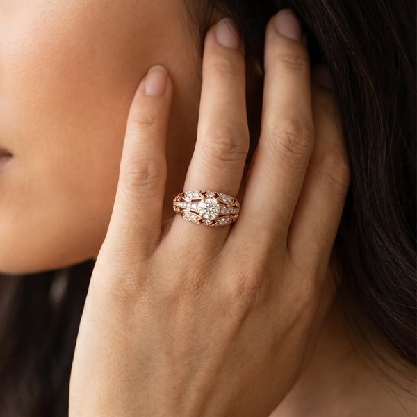 Rose gold Round Diamond Pave Art Deco Split Shank Ring with Four-Prong Setting