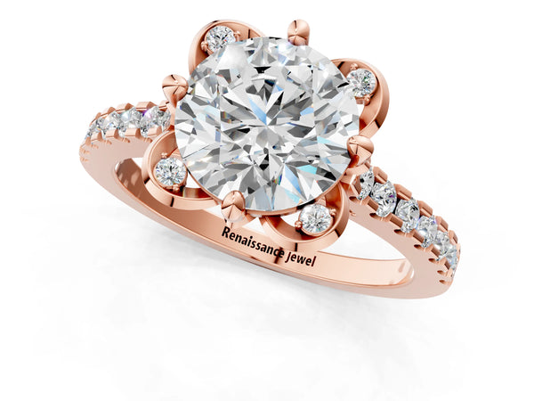 Rose Gold Round Floral Petal Pave Engagement Ring Setting