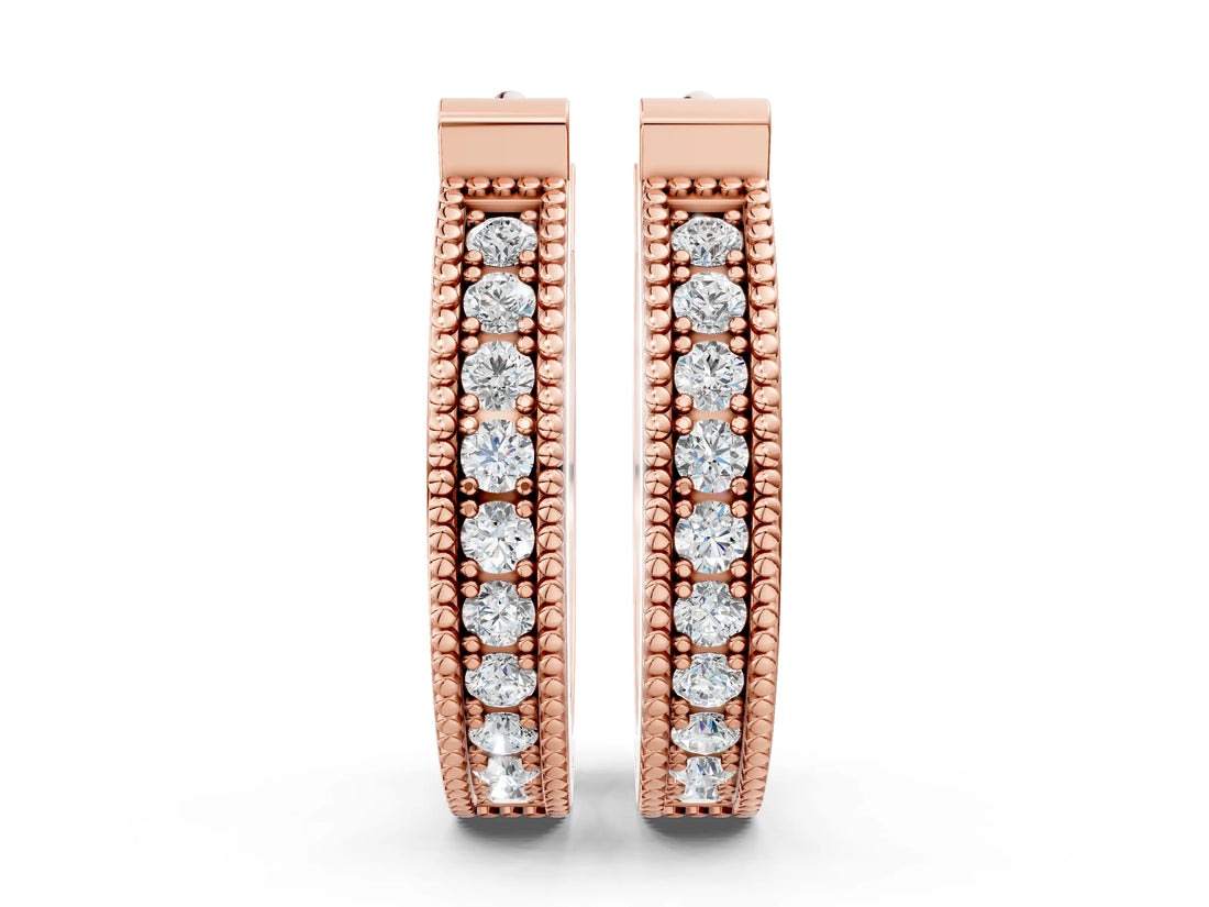 Rose gold Round Diamond Pave Hoop Earrings with Milgrain Edge_7